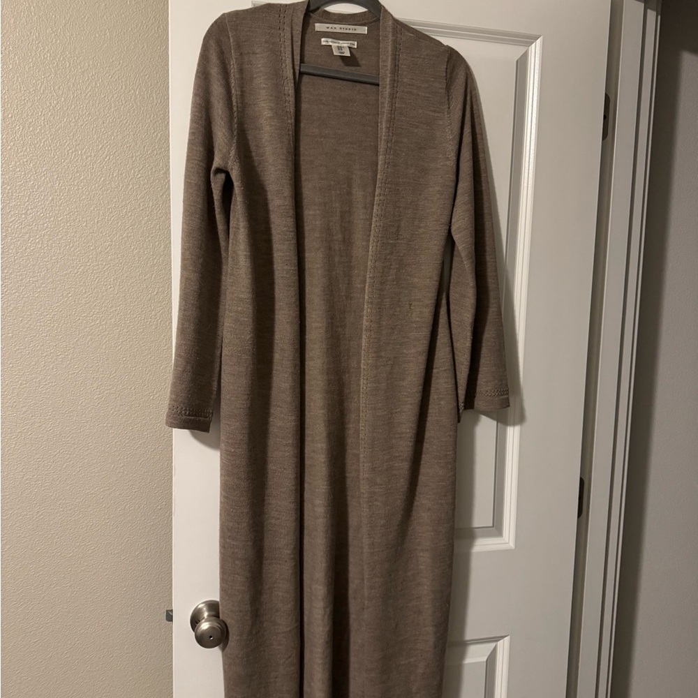Long Tan Open Front Merino Wool Cardigan